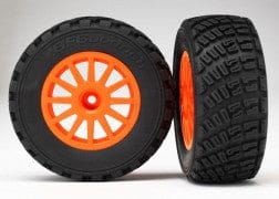 TRA7473A Tires & wheels, assembled, glued (orange wheels, BFGoodrich? Rally, gravel pattern tires, foam inserts) (2) (TSM rated)