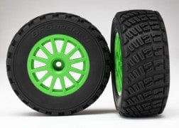 TRA7473X Tires & wheels, assembled, glued (Green wheels, BFGoodrich?Rally, gravel pattern tires, foam inserts) (2) (TSM rated)