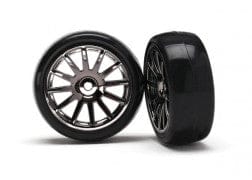 TRA7573A Tires & wheels, assembled, glued (12-spoke black chrome wheels, slick tires) (2)