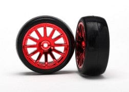 TRA7573X Tires & wheels, assembled, glued (12-spoke red chrome wheels, slick tires) (2)