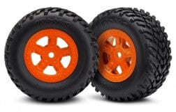 TRA7674A Tires and wheels, assembled, glued (SCT orange wheels, SCT off-road racing tires) (1 each, right & left)