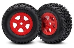 TRA7674R Tires and wheels, assembled, glued (SCT red wheels, SCT off-road racing tires) (1 each, right & left)