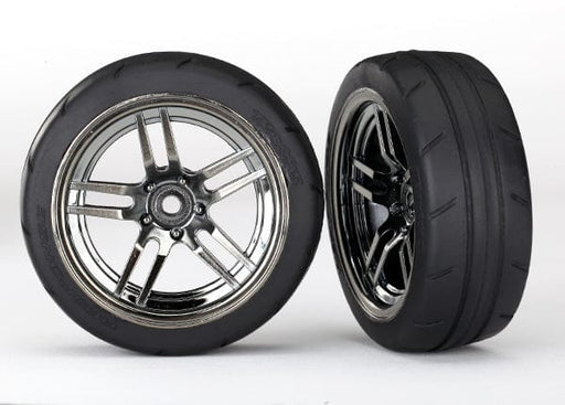 TRA8373- Tires and wheels, assembled, glued (split-spoke black chrome wheels, 1.9' Response tires) (front) (2)