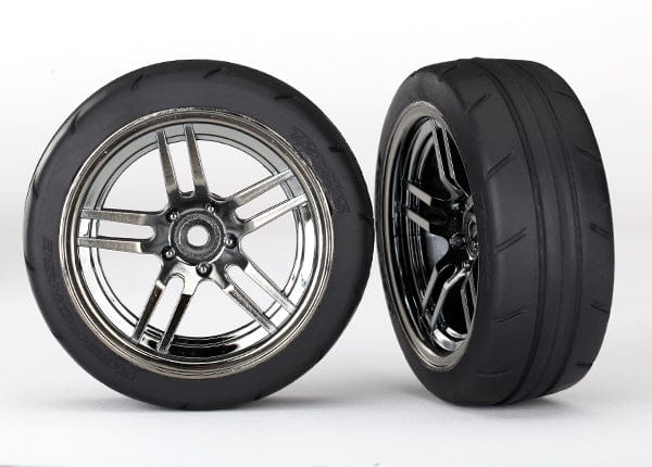TRA8373- Tires and wheels, assembled, glued (split-spoke black chrome wheels, 1.9' Response tires) (front) (2)