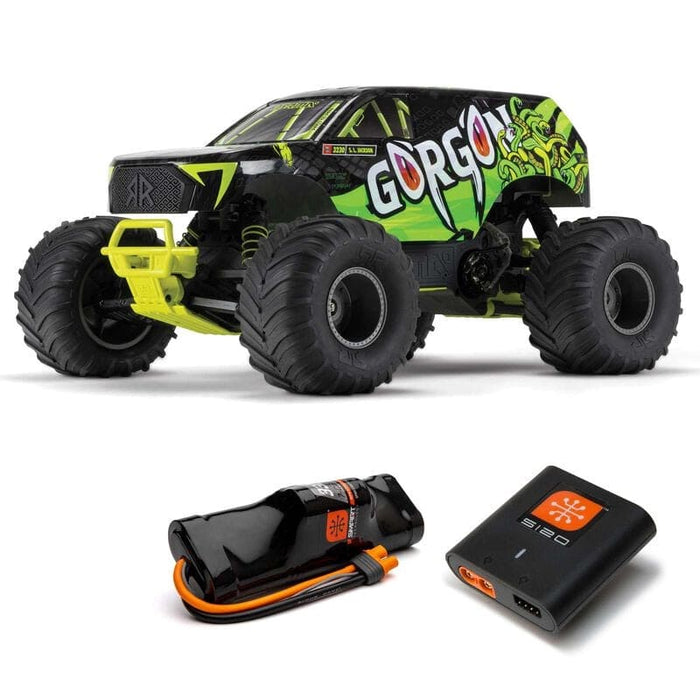 ARA3230ST1 1/10 GORGON 4X2 MEGA 550 Brushed Monster Truck RTR with Battery & Charger, Yellow  (fast charger and long run battery SPMXBCB1)