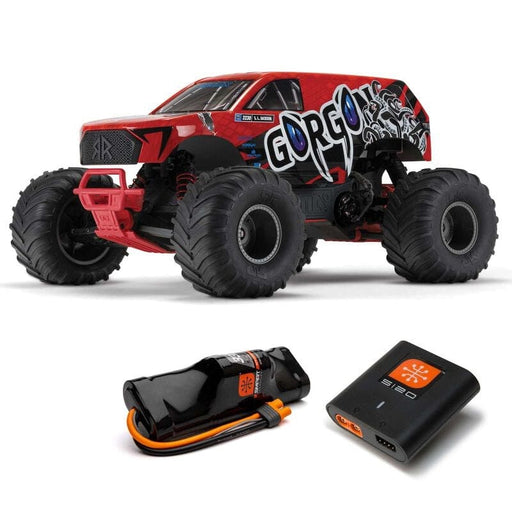 ARA3230ST2 1/10 GORGON 4X2 MEGA 550 Brushed Monster Truck RTR with Battery & Charger, Red (fast charger and long run battery SPMX-1031)