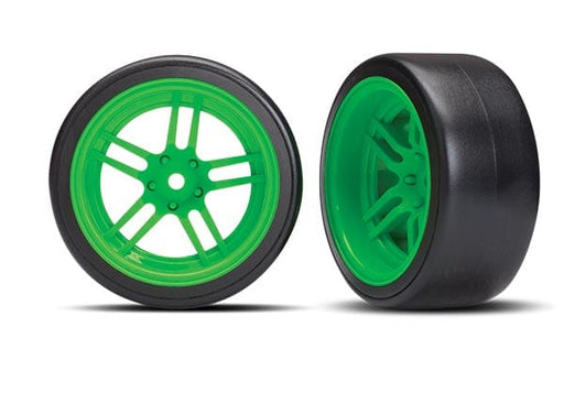 TRA8377G Traxxas Tires and wheels, assembled, glued (split-spoke green wheels, 1.9' Drift tires) (rear)