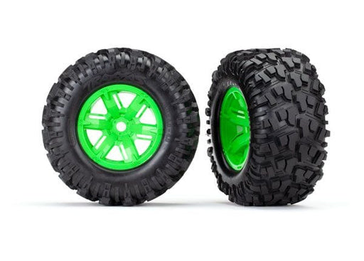 TRA7772G Traxxas Tires & wheels, assembled, glued (X-Maxx green wheels, Maxx AT tires, foam inserts) (left & right) (2) 8S Rated