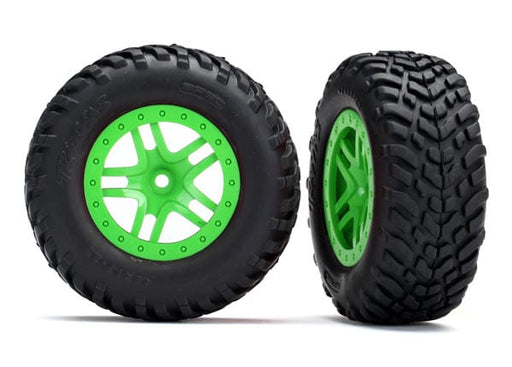 TRA5892G Traxxas Tires & wheels, assembled, glued (SCT Split-Spoke green wheels, SCT off-road racing tires, foam inserts) (2) (4WD f/r, 2WD rear) (TSM rated)