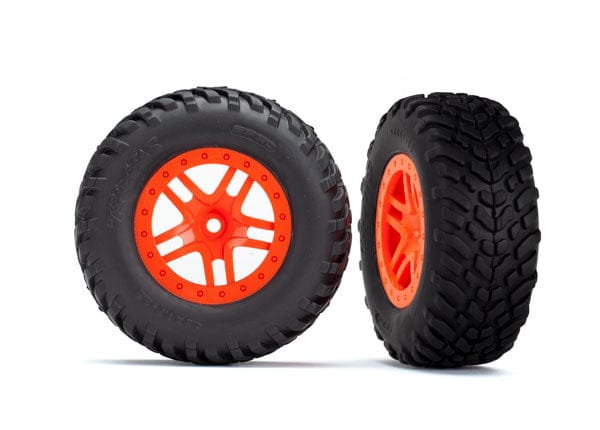 TRA5892 Traxxas Tires & wheels, assembled, glued (SCT Split-Spoke orange wheels, SCT off-road racing tires, foam inserts) (2) (4WD f/r, 2WD rear) (TSM rated)