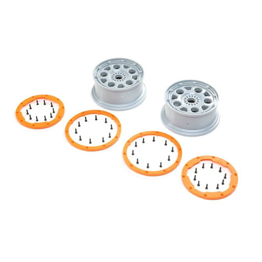 LOS45032 1/5 Front/Rear 4.75 Beadlock Wheels, 24mm Hex, Silver/Orange (2): DBXL-E 2.0