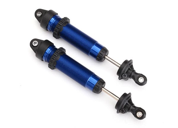 TRA8450X Traxxas Shocks, GTR, 134mm, aluminum (blue-anodized) (complete w/ spring pre-load spacers) (front, threaded) (2)