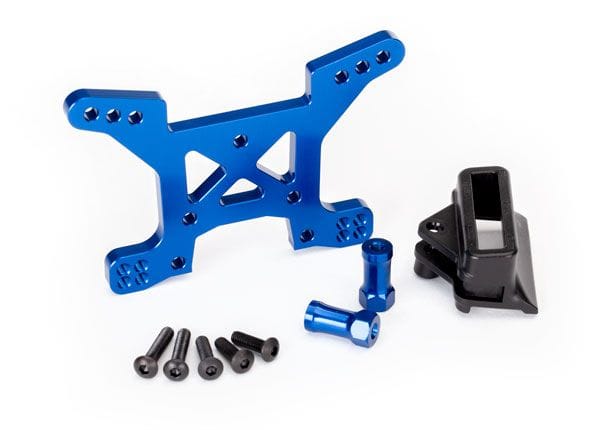 TRA6739X Traxxas Shock tower, front, 7075-T6 aluminum (blue-anodized) (1)/ body mount bracket (1)
