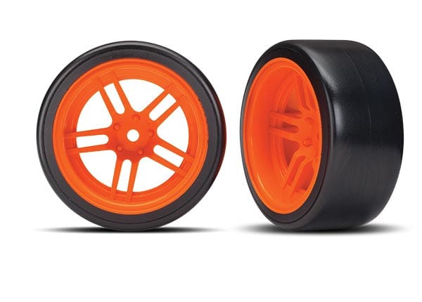TRA8377A Traxxas Tires and wheels, assembled, glued (split-spoke orange wheels, 1.9' Drift tires) (rear)