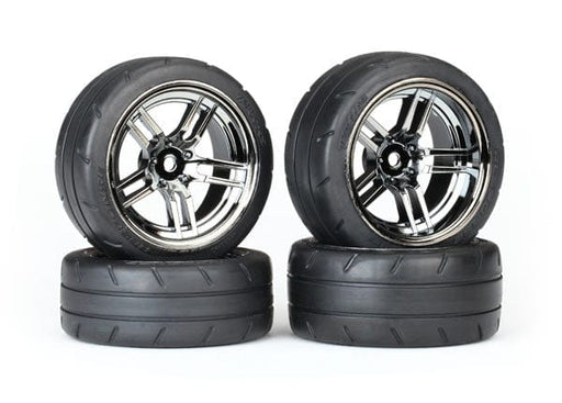 TRA8375 Traxxas Tires and wheels, assembled, glued (split-spoke black chrome wheels)