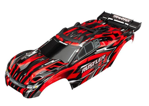 TRA6718 Traxxas Body, Rustler 4X4, red/ window, grill, lights decal sheet (assembled with front & rear body mounts and rear body support for clipless mounting)