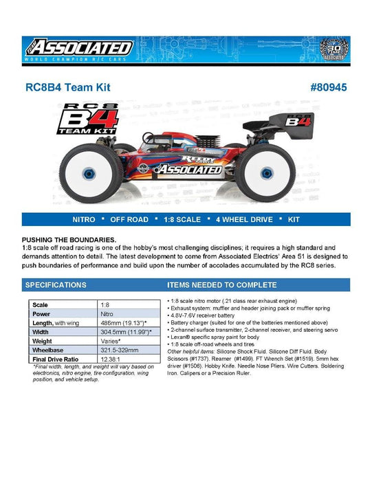 ASC80945 Team Associated RC8B4 Nitro Team Kit