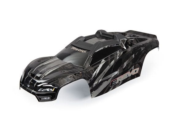 TRA8611R Traxxas Body, E-Revo, Black/ window, grill, lights decal sheet