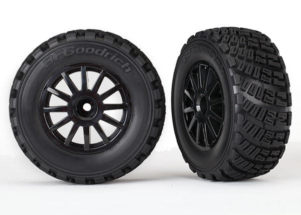 TRA7473T Tires & wheels, assembled, glued (black wheels, gravel pattern tires, foam inserts) (2) (TSM rated)