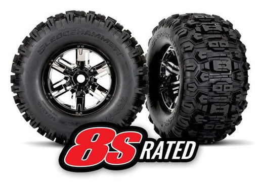 TRA7774A Traxxas Sledgehammer Tires on Black Chrome Wheels for X-Maxx (2)