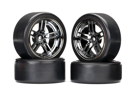 TRA8378   Tires and wheels, assembled, glued (split-spoke black chrome wheels, 1.9" Drift tires) (front and rear)