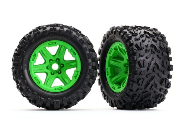 TRA8672G  Tires & wheels, assembled, glued (green wheels, Talon EXT tires, foam inserts) (2)