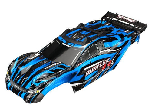 TRA6718X Traxxas Body, Rustler 4X4, blue/ window, grill, lights decal sheet (assembled with front & rear body mounts and rear body support for clipless mounting)