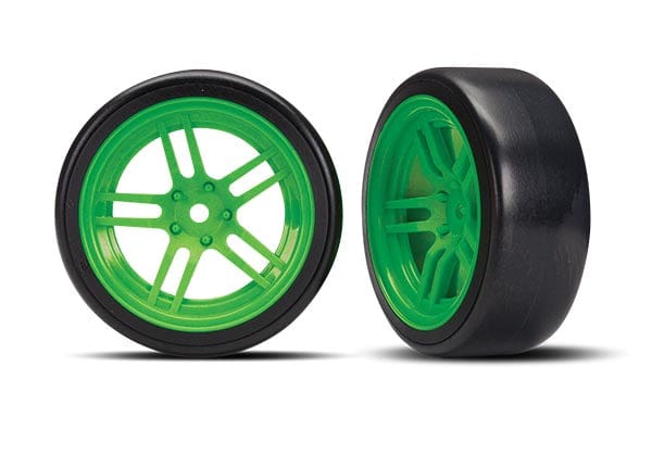 TRA8376G Traxxas Tires and wheels, assembled, glued (split-spoke green wheels, 1.9' Drift tires) (front)